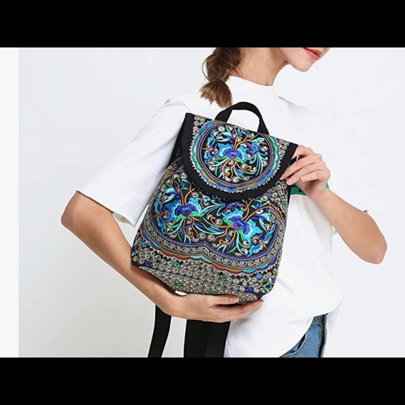 🔥 Handmade Embroidered Backpack for Women, Boho Vintage Cross-body Bag Blue - Picture 6 of 7